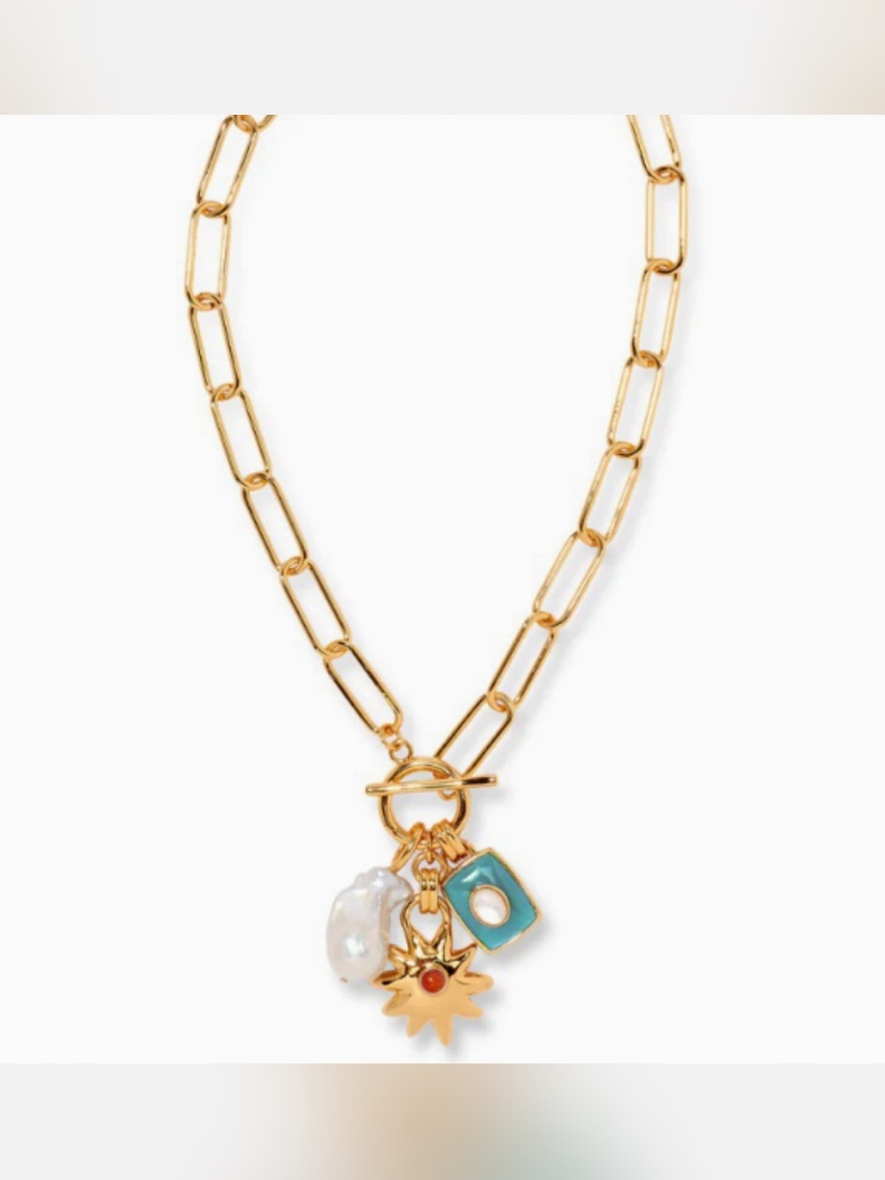 Gold Chain Charm Necklace with Turquoise Enamel, Pearl & Sun Charm